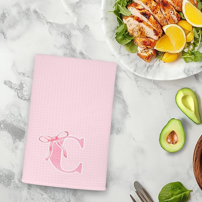 Monogrammed Initial C Hand Towels for Bathroom, Personalized Gifts for Women Girls Birthday Christmas, Coquette Preppy Pink Bows Waffle Kitchen Dish Tea Towels with Initial, 16x24 Inch