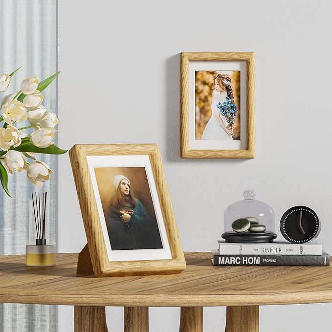 5x7 Picture Frame Natural Oak Wood From California-USA with Real Tempered Glass, Handcrafted 5 x 7 Photo Frame Matted to 4x6 Wedding Photo,Family Picture,Graduation Picture Display on Table & Wall