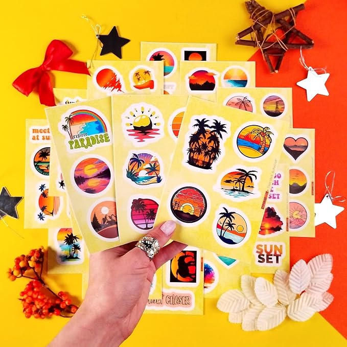 100Pcs Sunset Stickers - Beach Stickers, Sun Decals, Summer Decals for Water Bottle and Laptop, Palm Trees Party Supplies & Decorations, Beachy Stuff, Gifts for Women & Men