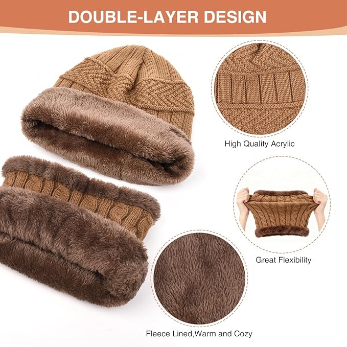 Winter Beanie Hat Scarf Glove Set for Women Snow Knit Thick Fleece Lined Ski Hat,Mens Warm Neck Warmer Touchscreen Mittens