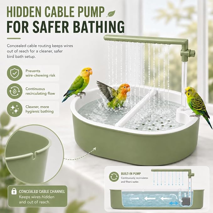 Bird Shower, Automatic Bird Bath for Cage, Light Green | Adjustable valve, hidden-cord pump, dual perches, 4 natural rattan balls, waterproof mat, indoor parakeet use