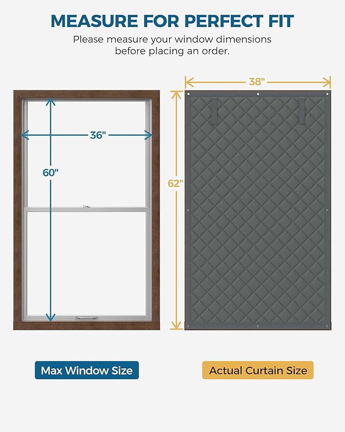 Window Insulation for Winter, Curtain Size 38 x 62 Inch, Thermal Insulated Window Cover with Oxford Cloth Thicken Cotton Filled, Fits up to 3 x 5 Ft Windows, Grey