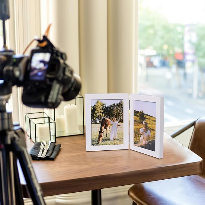 Double Vertical 5X7 Hinged PS Family Picture Frame Collage For Desktop or Tabletop (White 57X2)