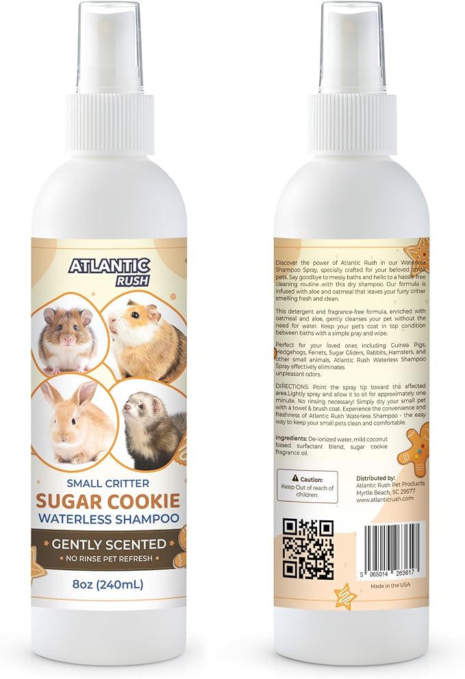 Waterless Shampoo for Small Critters - 8oz Cruelty Free Dry Shampoo - No Rinse for Pet Ferrets, Guinea Pigs, Hedgehogs, Sugar Gliders, Rabbits & Hamsters (8 oz, Light Sugar Cookie)