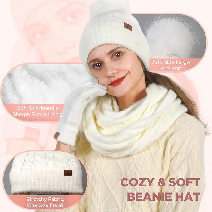 Womens Beanie Hat Infinity Scarf Touchscreen Gloves Fleece Headband 4 in 1 Winter Clothes Set Gifts for Women