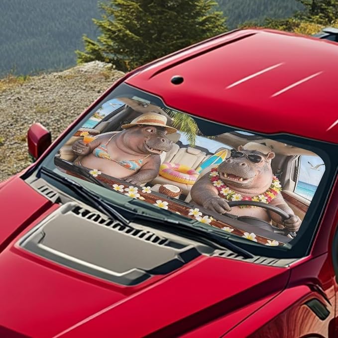 Funny Hippos Sun Shade for Car Windshield Foldable Front Windshield Shade for Sun Auto Vehicle Shield Reflective Sun Visor Block UV Rays Fit Car Front Window for Trucks SUV Van