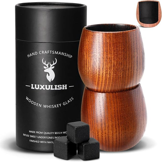 Charred Wooden Bourbon Glass, Include 3 Ice Whiskey Rocks, The Original Wood Bourbon Drinking Cup, Old Fashioned Whiskey Glasses Tumblers, Cool Gift for Men, Dad, Husband, Brother, Friends