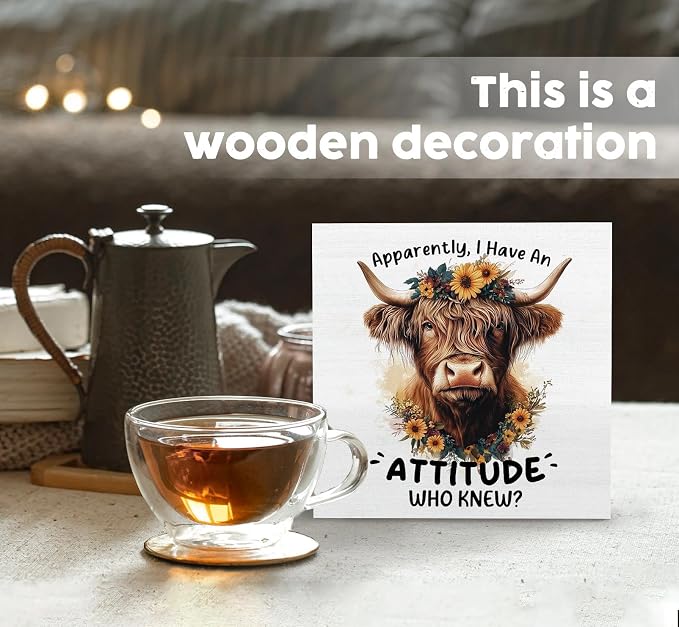 Highland Cow Sign, Farm Cottagecore Animal Office Kitchen Bedroom Decor, Apparently I Have an Attitude Who Knew Wooden Box Signs, Apparently Highland Cow Gifts for Women Men 8x8 in Decorative Signs & Plaques