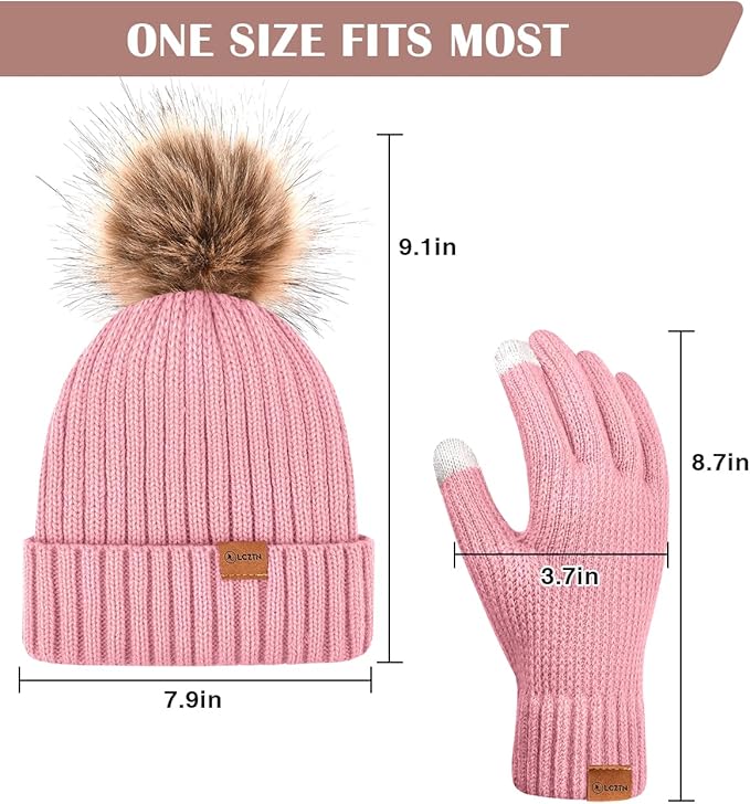 Womens Winter Beanie Hat Gloves Set,Fleece Lined Warm Knit Pom Pom Ski Hat Touchscreen Gloves Set Gifts for Cold Weather