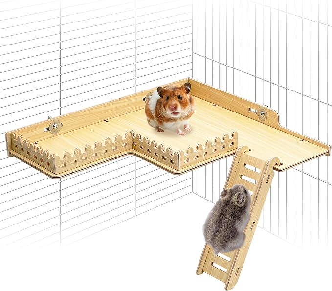 Fhiny Wooden Platform for Cage, Hanging Gerbil Climbing Platform with Ladder & Fence - Hamster Activity Playground Habitat Decor Cage Accessories for Dwarf Hamster, Gerbil, Mice, Rat, Mouse