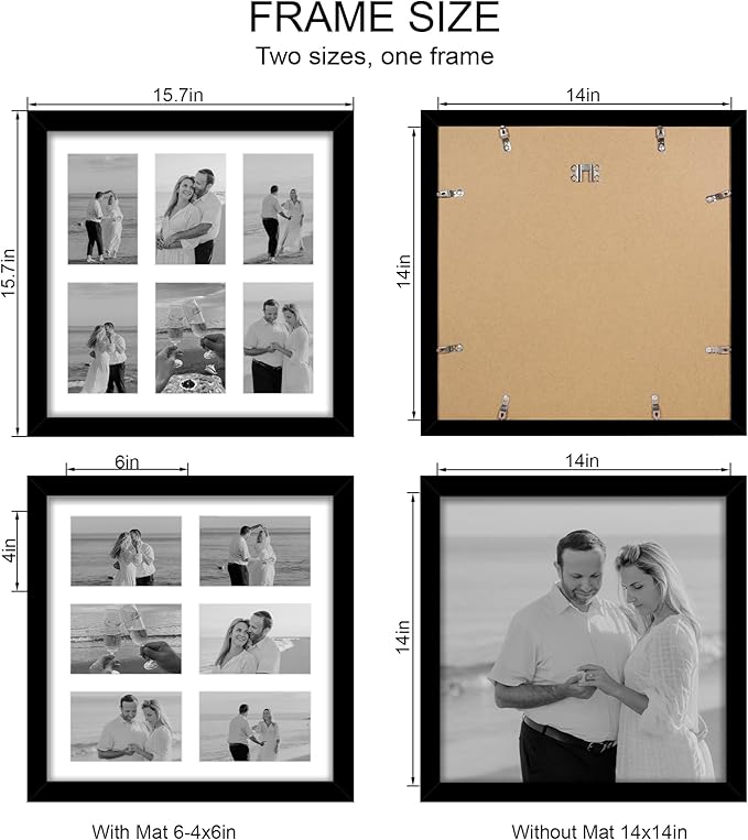 14x14 Picture Frame Set of 2, Black with Glass Collage Frame, Display Photo Six Opening 4x6 With Mat or 14 x 14 Without Mat - Horizontal or Vertical Wall Mounting