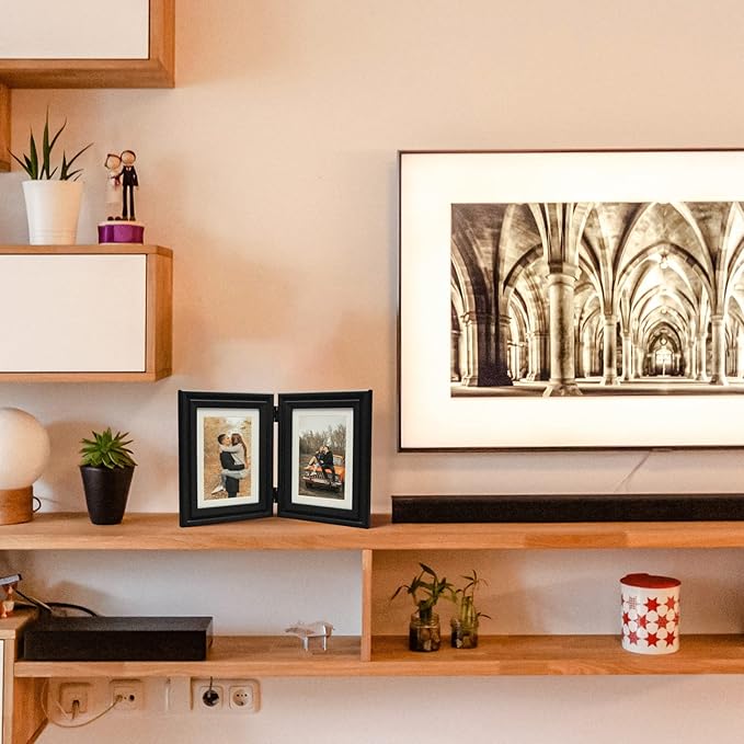 Horizontal 5X7 Picture Frames Double Hinged Wood Folding Photo Frames with Real Glass Front Fit for Desktop or Tabletop Display Pictures 4x6 with Mat or 5x7 Without Mat, Teal Blue XLAN-H75X2