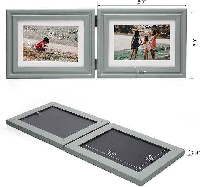 Horizontal 5X7 Picture Frames Double Hinged Wood Folding Photo Frames with Real Glass Front Fit for Desktop or Tabletop Display Pictures 4x6 with Mat or 5x7 Without Mat, Gray XHUI-H75X2