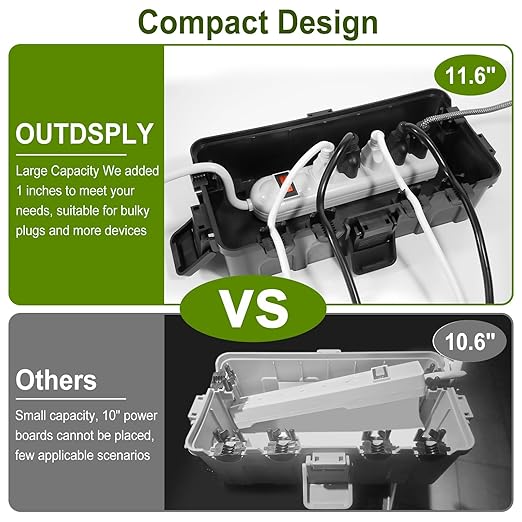 Medium Outdoor Electrical Box (11.6x5.2x4.1 inch), IP54 Waterproof Extension Cord Cover w/ 6 Cable Entry, Weatherproof Connection Box for Power Strip, Plug, Timer, Holiday Lights, Green