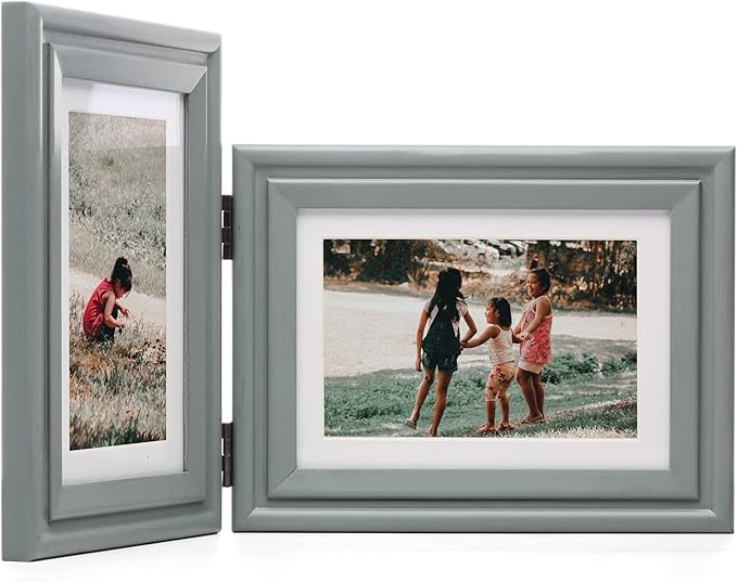 Vertical & Horizontal 5X7 Picture Frames Double Hinged Wood Folding Photo Frames with Real Glass Front Fit for Desktop or Tabletop Display Pictures 4x6 with Mat or 5x7 Without Mat, Gray