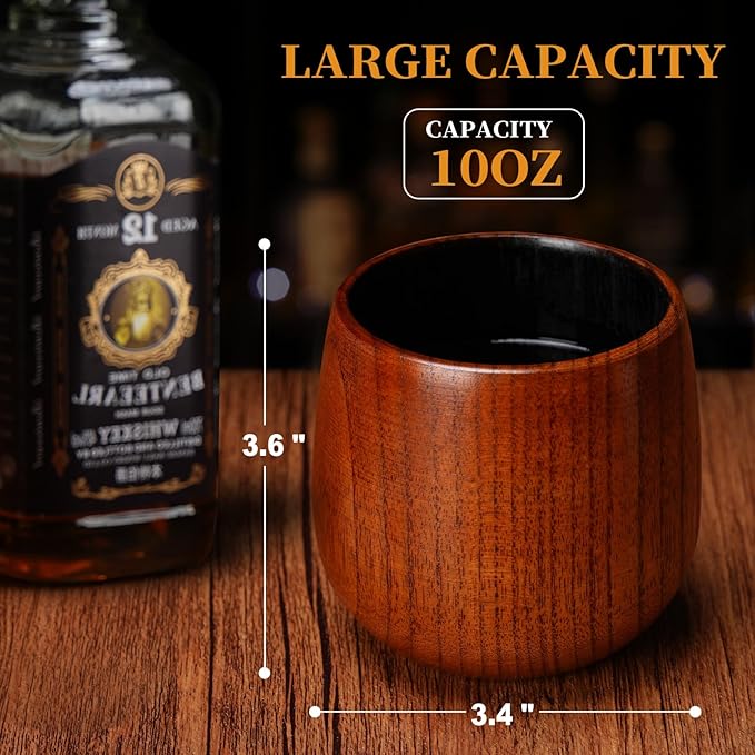10Oz Large Charred Wooden Bourbon Glass, Include 3 Ice Whiskey Rocks, The Original Wood Whiskey Cup, Old Fashioned Drinking Glasses Tumblers, Gift for Men, Dad, Husband, Brother, Friends