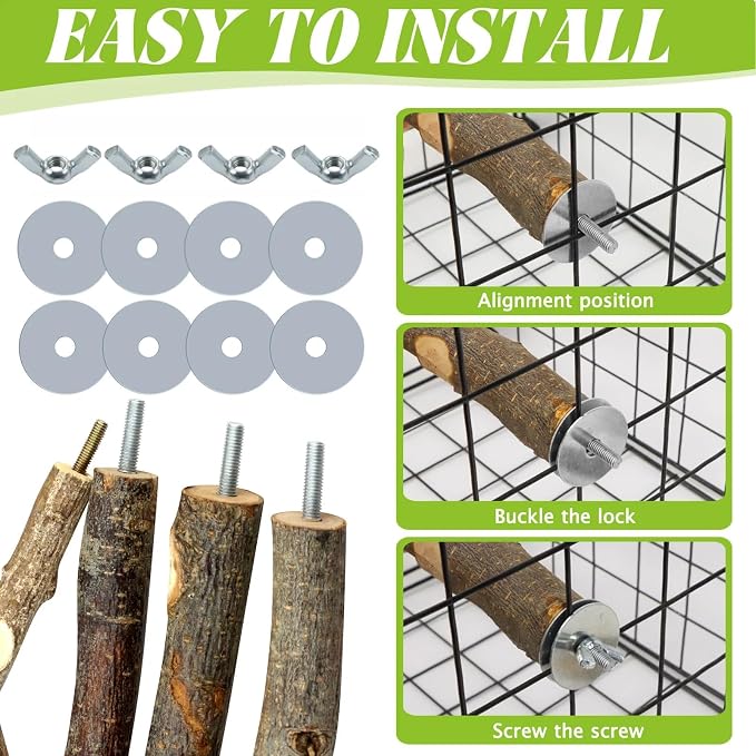 8 Pcs Natural Wood Bird Perch Set for Parakeets & Budgies | Ideal for Small/Medium Birds (Budgies, Conures) | Bark Textures for Foot Health | Tool-Free Wing-Nut | Safe Chewing