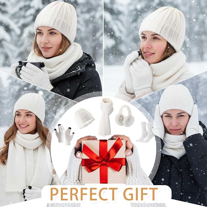 Geyoga 6 Pcs Winter Knit Set Beanie Hat Long Scarf Touchscreen Gloves Ear Muff Socks Warm Valentine Gift for Women Men Snow(White,Classic Style)
