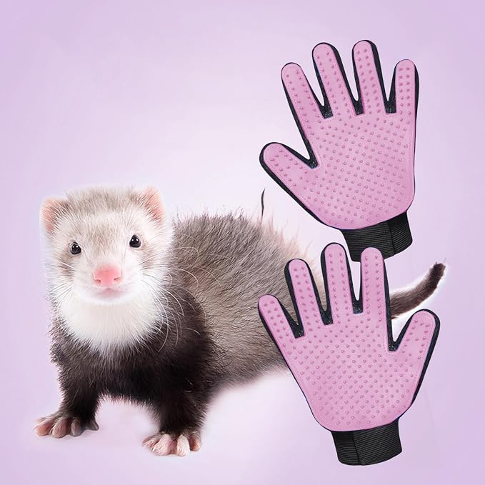 MANON ROSA Ferret Grooming Glove Brush 1 Pair - High-Efficiency Gentle Shedding, Reusable Pet Hair Remover Mittens for Bath Massage (Pink)