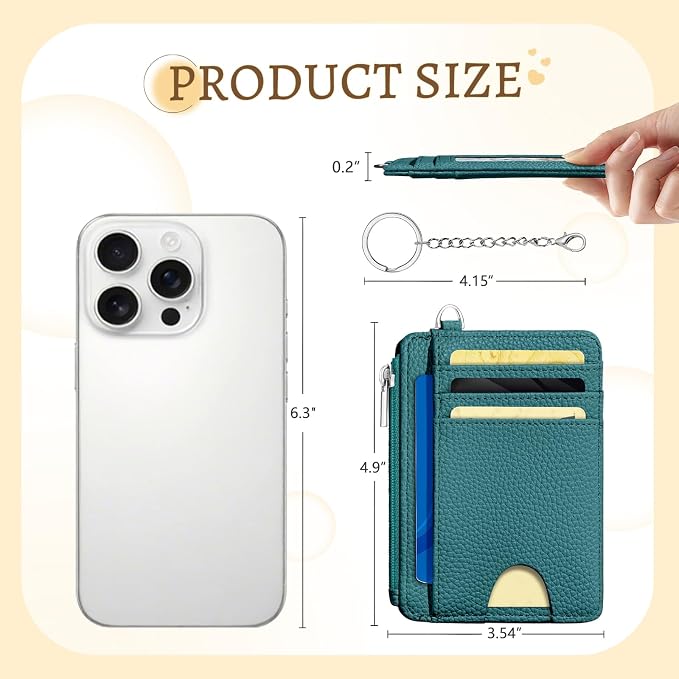 Kelvoris Credit Card Holder Small Wallet Women, Slim RFID, Teal Blue | Keychain, Zipper Coin Pocket, Front Pocket Thin Travel Card Case, Minimalist, 6 Card Slots, 1 ID Window, Ladies Gifts Woman