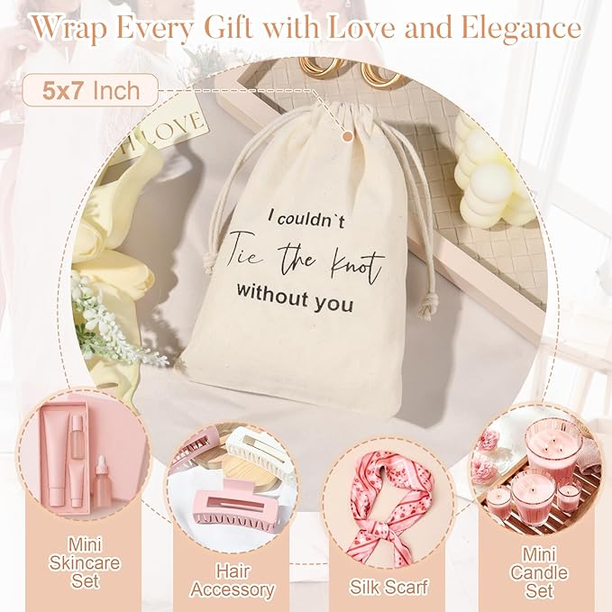CEELGON 8 Pcs Drawstring Jewelry Pouch Bridesmaid Gift Bags Linen Cotton Fabric Wedding Bridal Party Favor Bags Bachelorette Tie The Knot Earring Packaging Proposal Gift (Natural)