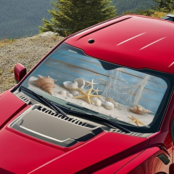 Coastal Starfish Shell Windshield Sun Shade Foldable Universal Car Front Windshield Shade Sun Protector Reflector Sunshade Offers Ultimate Protection for Car Interior for Most Cars SUV