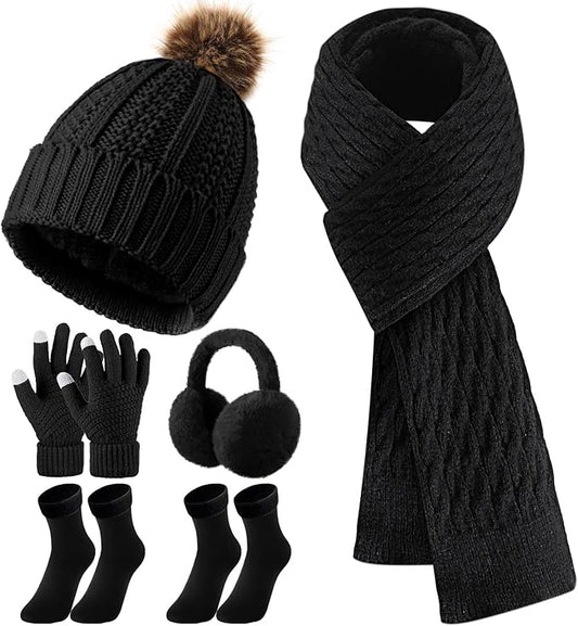 Geyoga 6 Pcs Winter Warm Set for Women Warm Beanies Hats Touchscreen Gloves Long Scarf Ear Muffs Socks Winter Gifts for Women