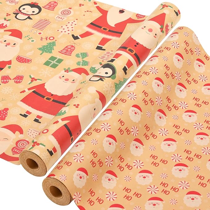 AhfuLife 2 Rolls Christmas Wrapping Paper - 17 Inch × 49.2 Feet Per Roll, Recyclable Santa Claus Kraft Xmas Wrapping Paper Roll for Christmas Gift Box Birthday Party Decoration -138 sq. ft. ttl