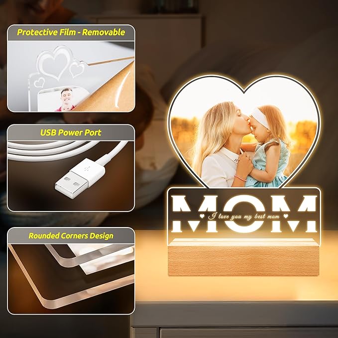 Personalized Gifts for Mom from Daughter and Son, Custom Picture Frames with Photo, Custom Photo Frame with Night Light, Customized Picture Frame, Personalized Christmas Birthday Gifts for Mom