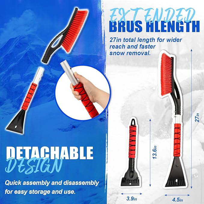 DIYSELF 27" Snow Brush with Two-Size Ice Scrapers for Car Windshield, 4 Pack Detachable Snow Removal Tool, Ergonomic Foam Grip, Snow Scraper for Car, Trucks, SUV, Christmas Stocking Stuffers for Men