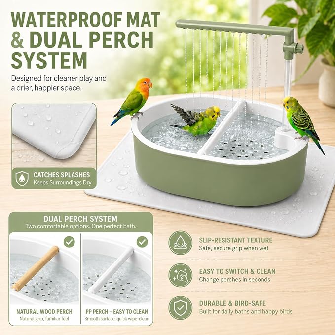 Bird Shower, Automatic Bird Bath for Cage, Light Green | Adjustable valve, hidden-cord pump, dual perches, 4 natural rattan balls, waterproof mat, indoor parakeet use