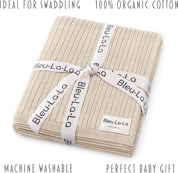 Organic Ribbed Swaddle Blanket for Boys & Girls - 100% Luxury Organic Soft Cotton Knit Warm Cozy Cuddle Stroller Blanket for Newborns, Infants, & Toddlers (Oatmeal)