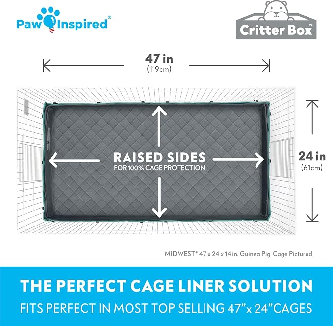 Paw Inspired Reversible Critter Box Raised Sides Liner, Midwest, Gray/Green | Washable Fleece Cage Bedding for Guinea Pigs Rabbits, Hamsters, Small Animals, Edge Protected Pee Pads