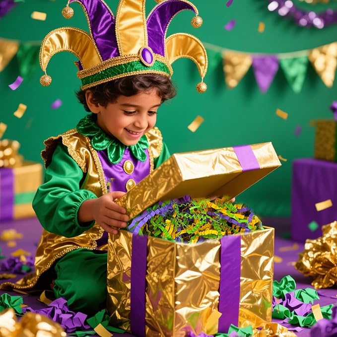 2 LB Gold Green Purple Crinkle Cut Paper Shred Filler Great for Gift Wrapping, Basket Filling, Birthday, Wedding, Mardi Gras, Carnival, Christmas Day, New Year Party Decorations Filling Supplies