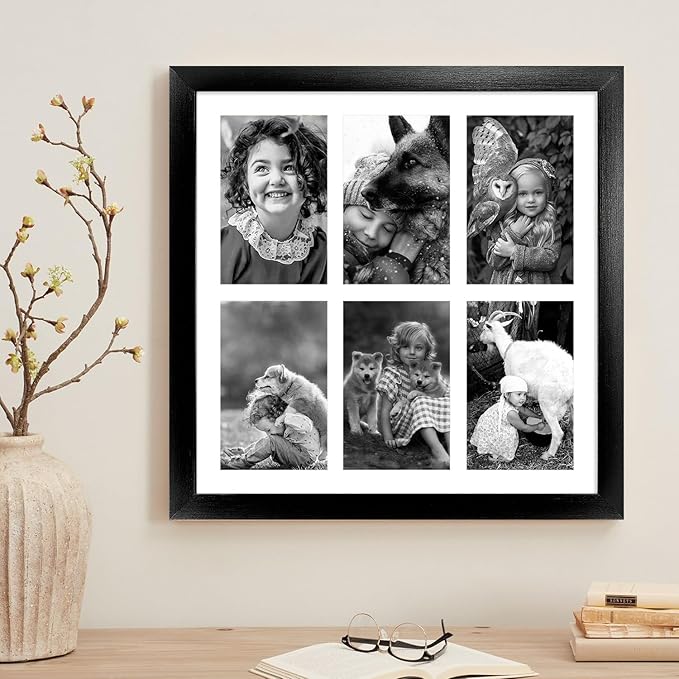 13x13 Collage frame with 6 Openings 4X6 Pictures, Multiple Picture Frame with Mat, Wall or Tabletop Decor, Black Wood Grain,2 Pack