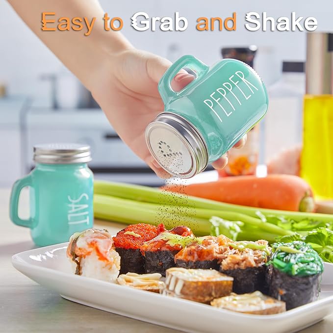 Turquoise Salt and Pepper Shakers Set - Teal Kitchen Decor and Accessories for Home Restaurants Wedding - Glass Salt and Pepper Set for Cooking Table, RV, BBQ, Easy to Clean & Refill