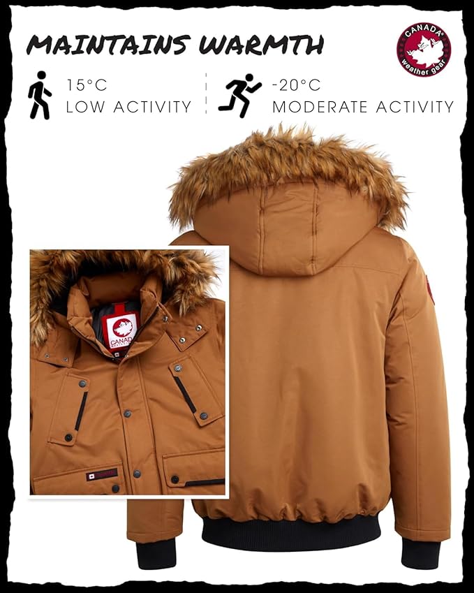 CANADA WEATHER GEAR Mens Winter Bomber Jacket - Heavyweight Winter Coats Weather Resistant Faux Fur Hood Insulated Ski Jacket