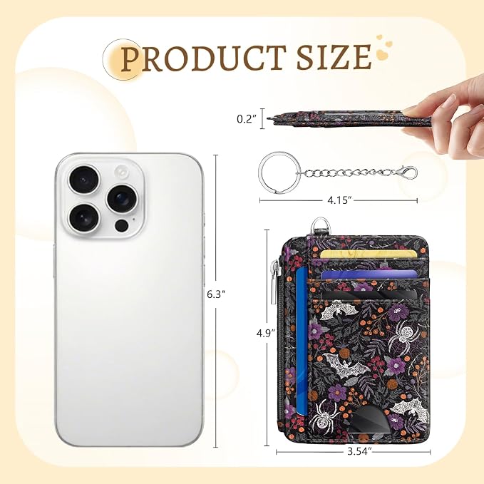 Kelvoris Credit Card Holder Small Wallet Women, Slim RFID, Goth Bat Spider | Keychain, Zipper Coin Pocket, Front Pocket Thin Travel Card Case, Minimalist, 6 Card Slots, 1 ID Window, Ladies Gifts Woman