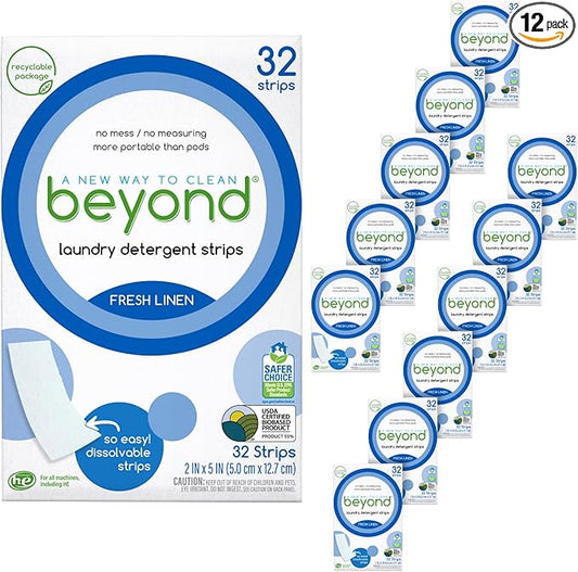 Beyond Laundry Detergent Strips [12 packs of 32 strips] - Fresh Linen - Eco-friendly, Hypoallergenic. Travel friendly. Dissolvable Strips