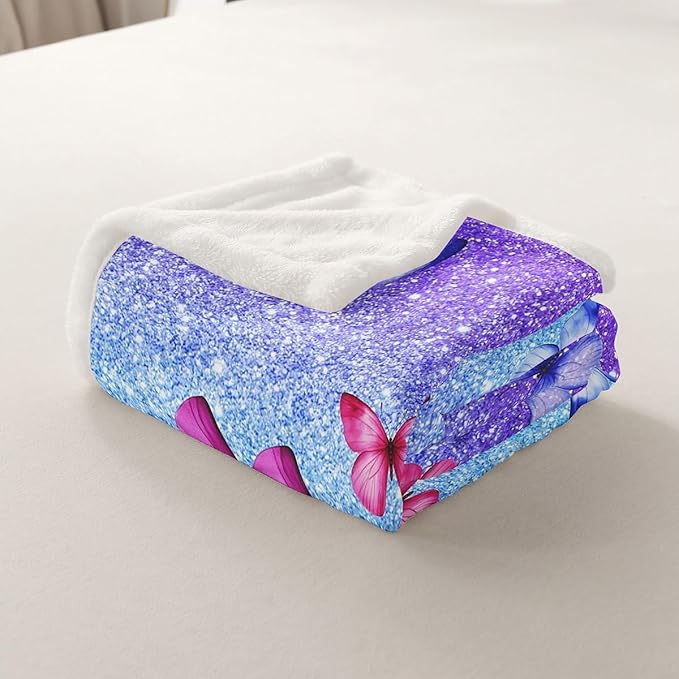Feelyou Girls Glitter Print Fleece Throw Blanket Twin 60"x80" Kids Blue Purple Butterfly Sherpa Blanket Plush Fuzzy for Bed Couch Chair Living Room, Dreamy Girly Bed Blanket Princess Style Room Decor
