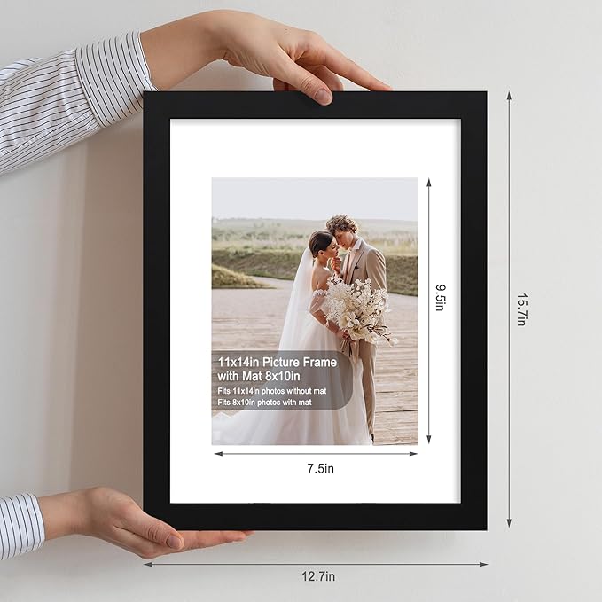 11x14 Picture Frame Set of 4, Made of Glass and Black Wooden Frame, Display 8x10 Pictures with Mat or 11 x 14 Posters without Mat for Wall Mounting, Gallery Photo Frames