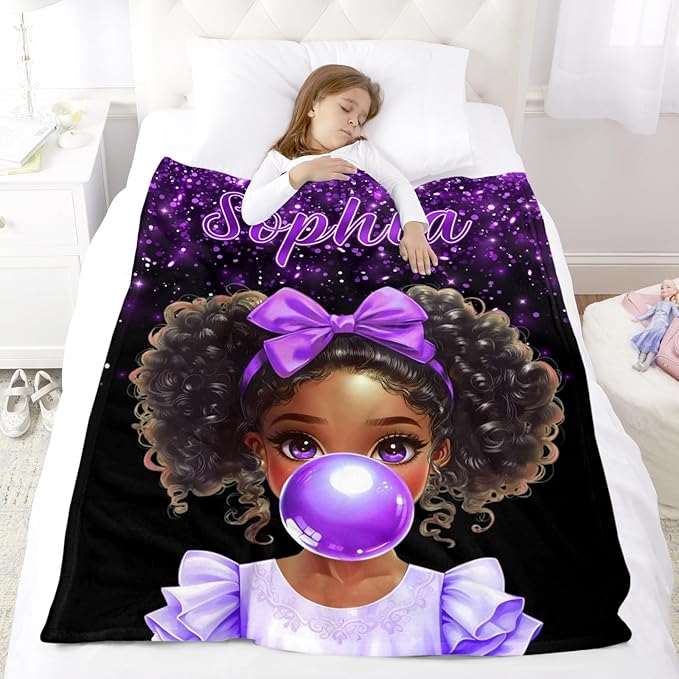 Custom Afro Girl Blanket - Personalized Throw Blanket Gift for Girls Kids Teens Adults (Bubble Gum Girl)