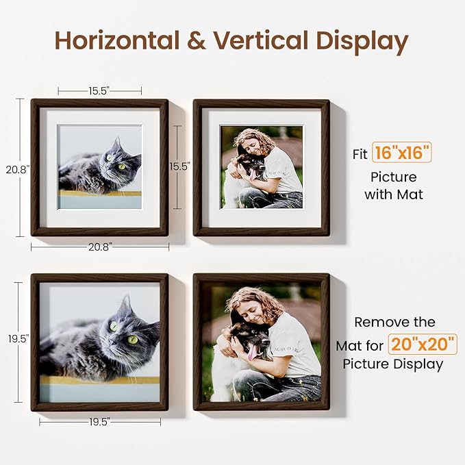 20x20 Picture Frame Natural Oak Wood From California-USA Walnut Color Finished Handcrafted 20 x 20 Poster Frame Matted to 16x16 Photo with Real Tempered Glass,for Photo,Certificate,Degree,Graduation