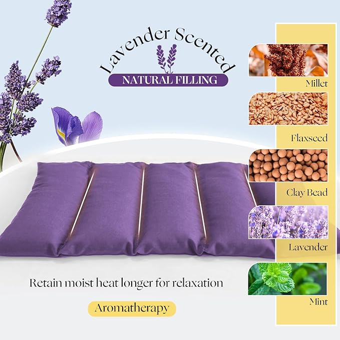 Microwavable Heating Pad with Washable Cover 13x7 Inch Flaxseed Microwave Hot Pack, Lavender Scent, Moist Warm Compress for Relaxation, Non-Electric & Portable