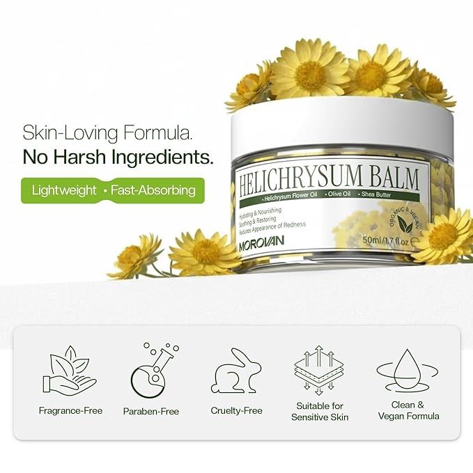 Morovan Helichrysum Balm 1.7 oz: Multi-Purpose Skin Cream for Bruises, Veins, Burns & Redness from Activity & Aging, Promotes Healing & Circulation for Men & Women