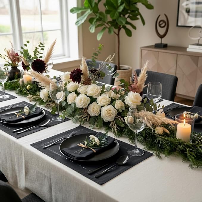 D'Moksha Homes Linen Placemats Set of 6 - Classic Hemstitch Black Placemats 14 x 19 Inch - 100% Pure Linen Table Mats for Fall, Thanksgiving, Holiday - Handcrafted and Machine Washable