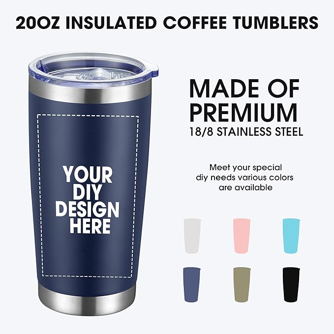 Personalized Custom Tumbler Print in USA 72 Pcs 20oz Stainless Steel Coffee Cup with Lid & Straw Double Wall Insulated Tumbler with Colorful Text Logo Photo