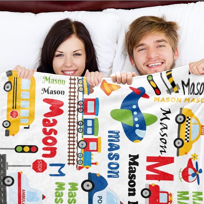 Personalized Blanket with Name for Boys, Custom Name Blanket City Car Transport, Soft Flannel Teen Blankets Customized Gift for Birthday Christmas-50x60in