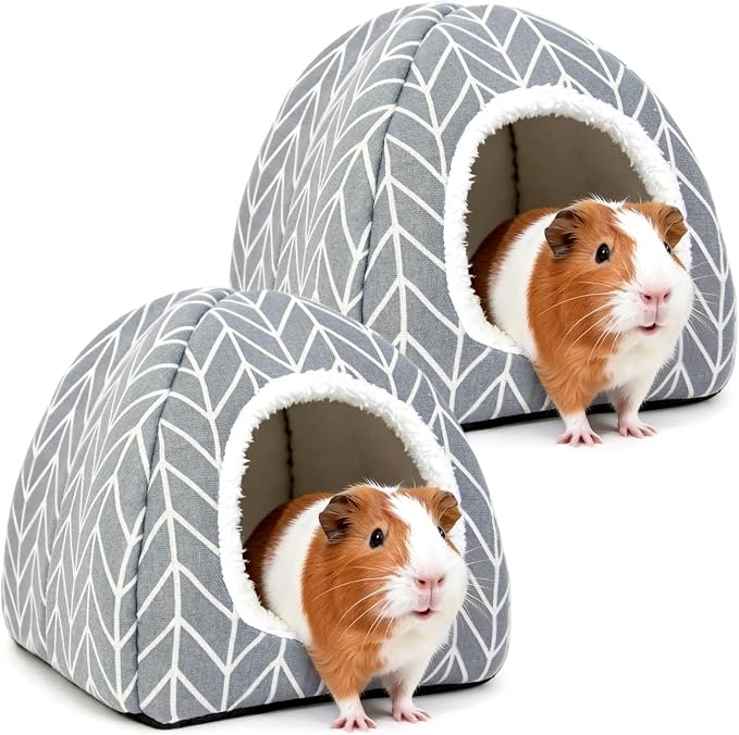 2 Pack Guinea Pig Hideout Bed, Dwarf Rabbit House Cave | Cozy Hide-Out Cage Accessories for Little Bunny, Hedgehog, Ferret, Chinchilla & Other Small Animals, Grey