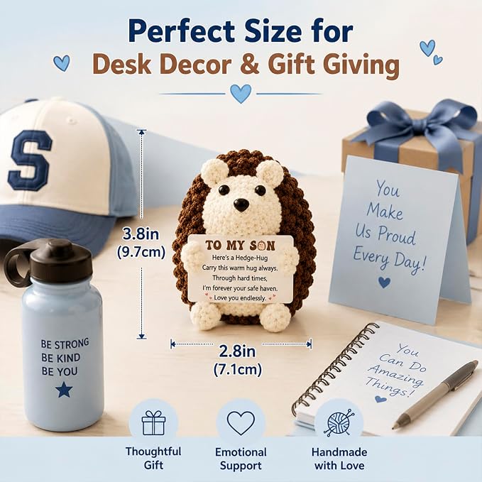 Son Birthday Gifts from Mom Dad Handmade Crochet Hedgehog Gifts | Graduation College Gift for Sons, Graduation Gifts for Adults Son in Law Bonus Step Best Son Ever Gift